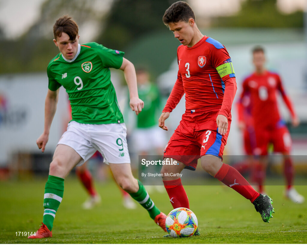 6 May 2019; Jan Hellebrand of Czech Republic and Conor Carty of Republic of Ireland during the 2019 UEFA European Under-17 Championships Group A match between Republic of Ireland and Czech Republic at the Regional Sports Centre in Waterford. Photo by Stephen McCarthy/Sportsfile