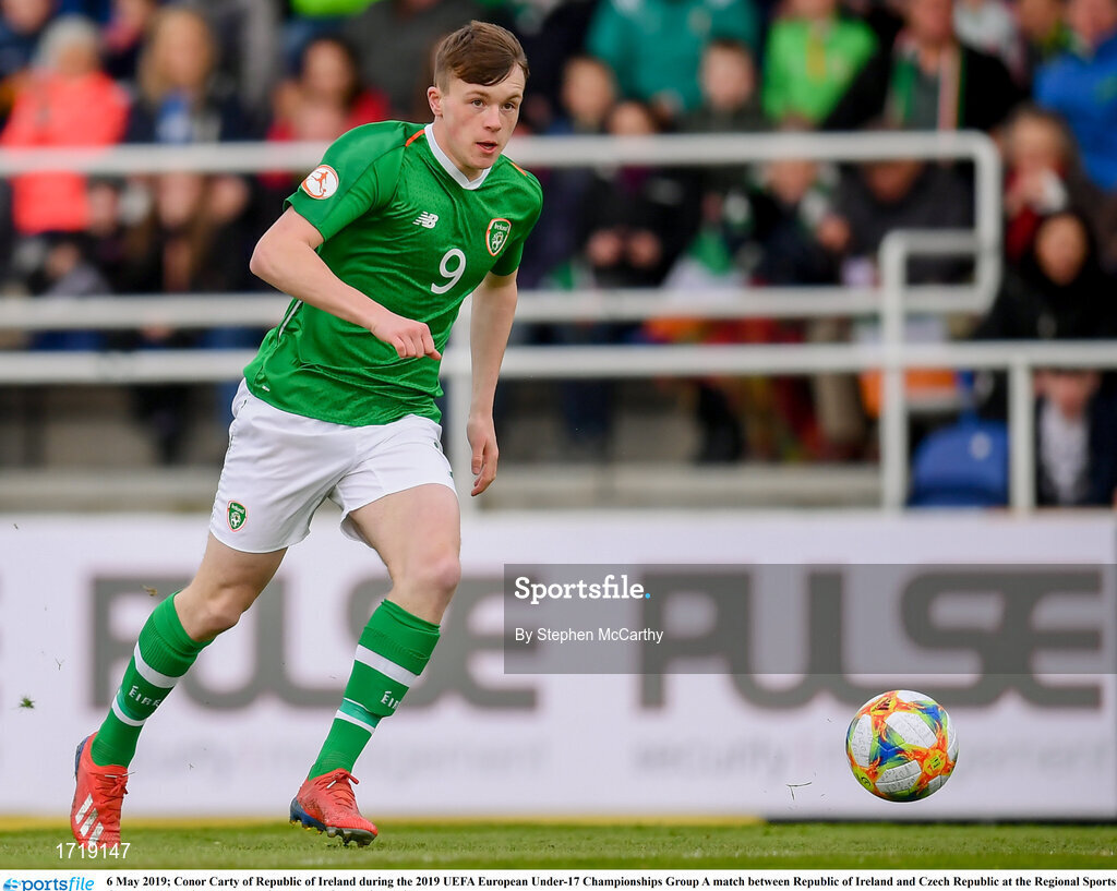 6 May 2019; Conor Carty of Republic of Ireland during the 2019 UEFA European Under-17 Championships Group A match between Republic of Ireland and Czech Republic at the Regional Sports Centre in Waterford. Photo by Stephen McCarthy/Sportsfile