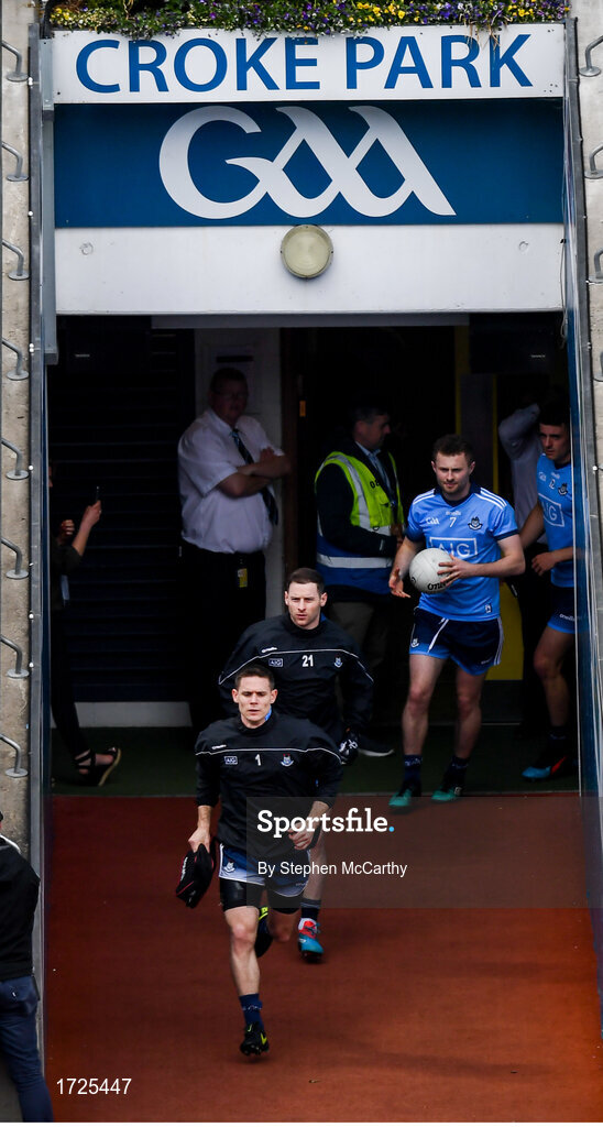 9 June 2019; Dublin captain Stephen Cluxton, making his 100th championship appearance, leads his side out prior to the Leinster GAA Football Senior Championship semi-final match between Dublin and Kildare at Croke Park in Dublin. Photo by Stephen McCarthy/Sportsfile