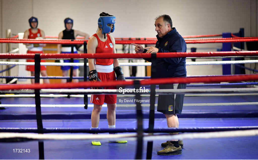 30 May 2019; Team Ireland coach Zaur Antia speaks with Kellie Harrington during their preparation for competition at the European Games in Minsk at the Sport Ireland Institute in Abbotstown, Dublin. Photo by David Fitzgerald/Sportsfile