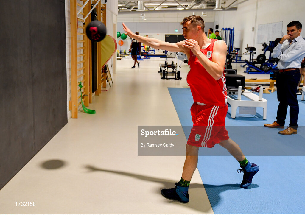 30 May 2019; Team Ireland boxer Brendan Irvine, watched by High Performance Director Bernard Dunne, prepares for competition at the European Games in Minsk at the Sport Ireland Institute in Abbotstown, Dublin. Photo by Ramsey Cardy/Sportsfile