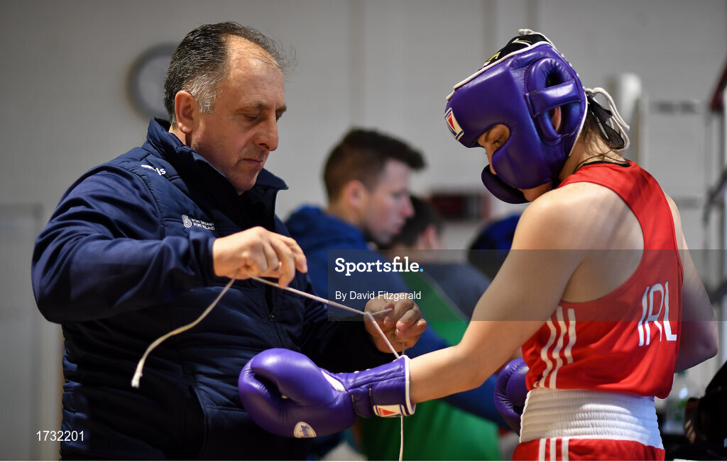 30 May 2019; Team Ireland coach Zaur Antia helps Michaela Walsh during their preparation for competition at the European Games in Minsk at the Sport Ireland Institute in Abbotstown, Dublin. Photo by David Fitzgerald/Sportsfile