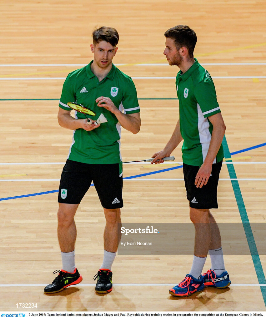 7 June 2019; Team Ireland badminton players Joshua Magee and Paul Reynolds during training session in preparation for competition at the European Games in Minsk, at Sport Ireland Institute in Abbotstown, Dublin. Photo by Eóin Noonan/Sportsfile
