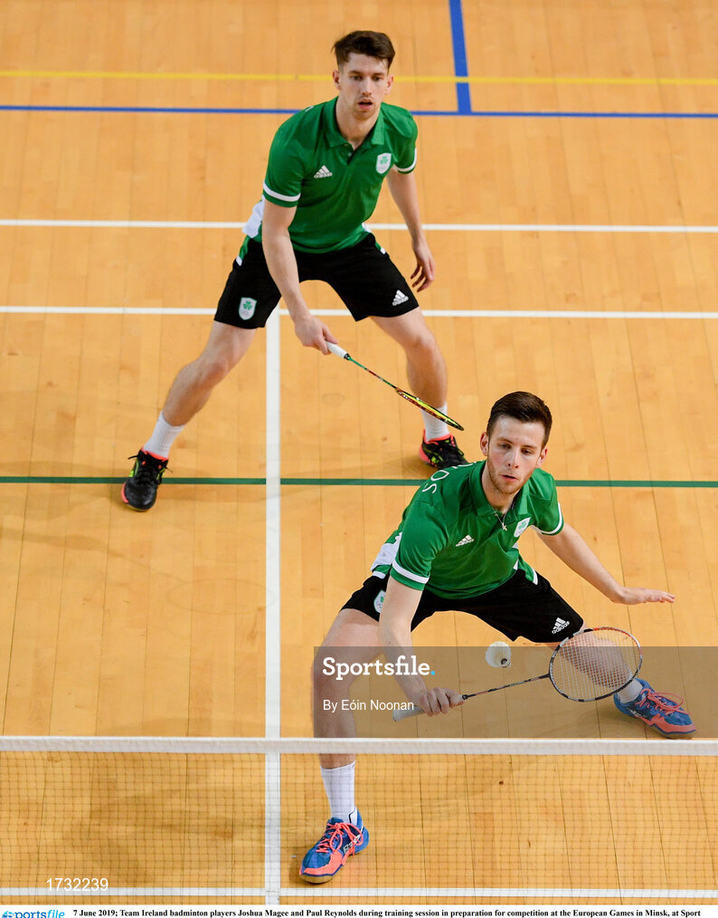 7 June 2019; Team Ireland badminton players Joshua Magee and Paul Reynolds during training session in preparation for competition at the European Games in Minsk, at Sport Ireland Institute in Abbotstown, Dublin. Photo by Eóin Noonan/Sportsfile