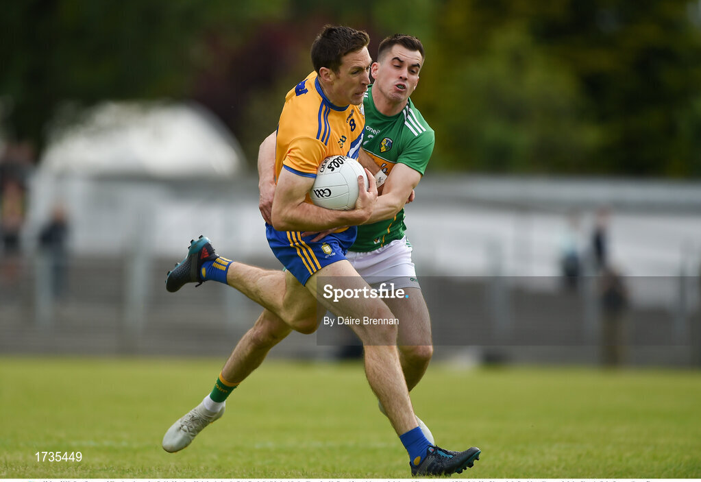 22 June 2019; Gary Brennan of Clare in action against Paddy Maguire of Leitrim during the GAA Football All-Ireland Senior Championship Round 2 match between Leitrim and Clare at Avantcard Páirc Seán Mac Diarmada in Carrick-on-Shannon, Leitrim. Photo by Daire Brennan/Sportsfile