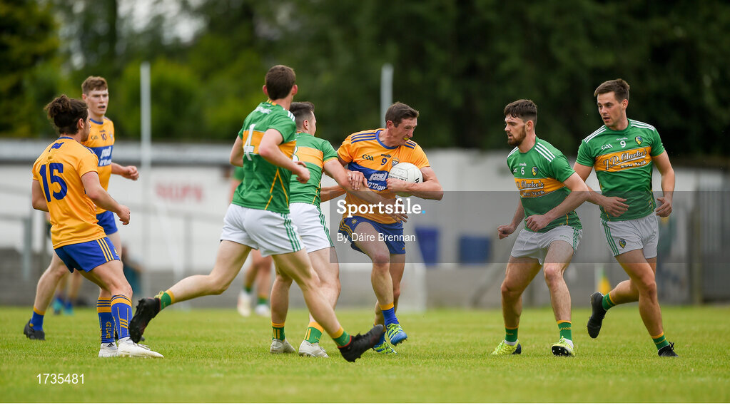 22 June 2019; Cathal O’Connor of Clare in action against Oisín McCaffrey of Leitrim during the GAA Football All-Ireland Senior Championship Round 2 match between Leitrim and Clare at Avantcard Páirc Seán Mac Diarmada in Carrick-on-Shannon, Leitrim. Photo by Daire Brennan/Sportsfile