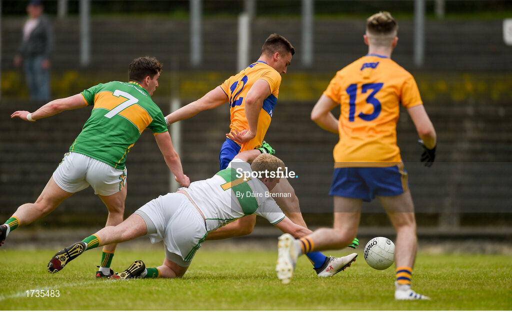 22 June 2019; Jamie Malone of Clare scores his side's first goal past Cathal McCrann of Leitrim during the GAA Football All-Ireland Senior Championship Round 2 match between Leitrim and Clare at Avantcard Páirc Seán Mac Diarmada in Carrick-on-Shannon, Leitrim. Photo by Daire Brennan/Sportsfile