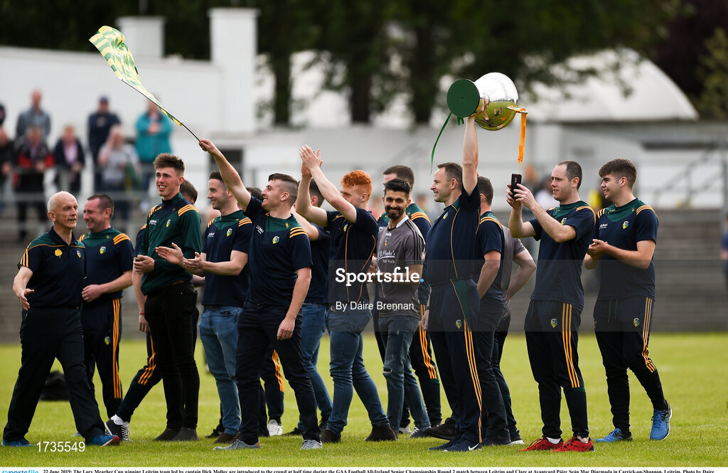 22 June 2019; The Lory Meagher Cup winning Leitrim team led by captain Dick Molloy are introduced to the crowd at half time during the GAA Football All-Ireland Senior Championship Round 2 match between Leitrim and Clare at Avantcard Páirc Seán Mac Diarmada in Carrick-on-Shannon, Leitrim. Photo by Daire Brennan/Sportsfile