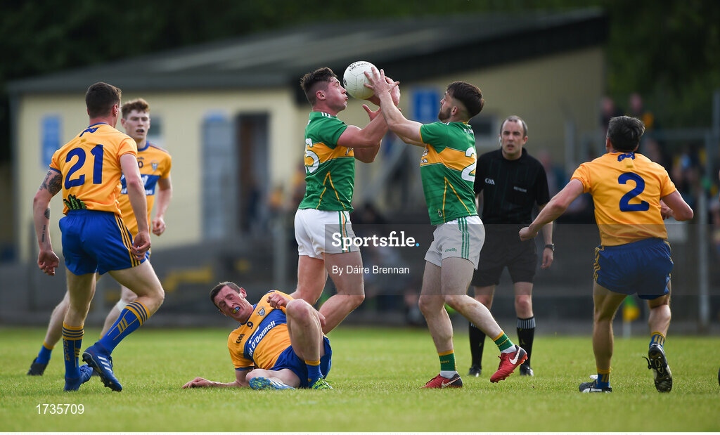 22 June 2019; Jack Gilheaney, left, and Gary Plunkett of Leitrim compete for the ball during the GAA Football All-Ireland Senior Championship Round 2 match between Leitrim and Clare at Avantcard Páirc Seán Mac Diarmada in Carrick-on-Shannon, Leitrim. Photo by Daire Brennan/Sportsfile