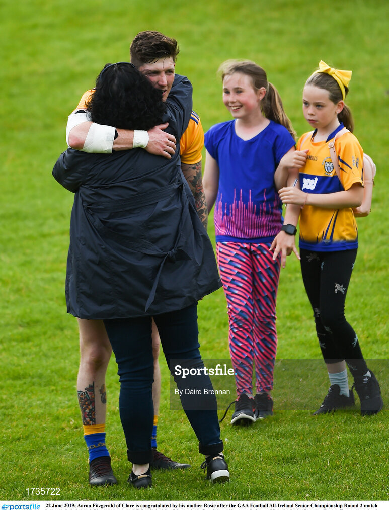 22 June 2019; Aaron Fitzgerald of Clare is congratulated by his mother Rosie after the GAA Football All-Ireland Senior Championship Round 2 match between Leitrim and Clare at Avantcard Páirc Seán Mac Diarmada in Carrick-on-Shannon, Leitrim. Photo by Daire Brennan/Sportsfile