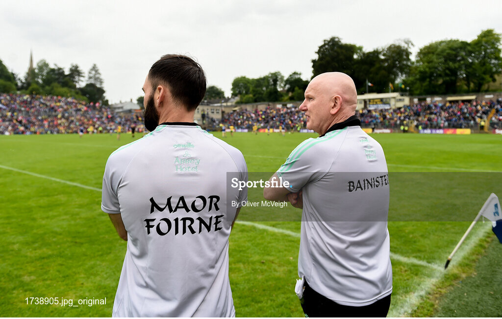 23 June 2019; Donegal selector Karll Lacey, left, and Donegal Manager Declan Bonner look on from the sideline during the Ulster GAA Football Senior Championship Final match between Donegal and Cavan at St Tiernach's Park in Clones, Monaghan. Photo by Oliver McVeigh/Sportsfile