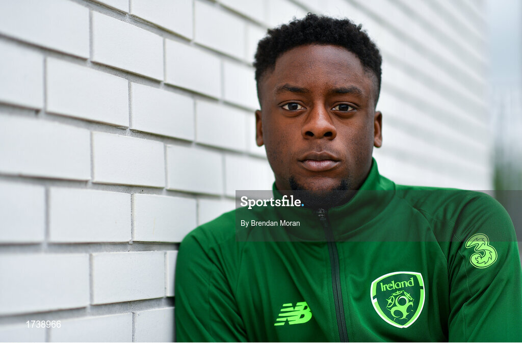 25 June 2019; Jonathan Afolabi poses for a portrait during a Republic of Ireland Under-19 squad press conference at the FAI National Training Centre in Abbotstown, Dublin. Photo by Brendan Moran/Sportsfile