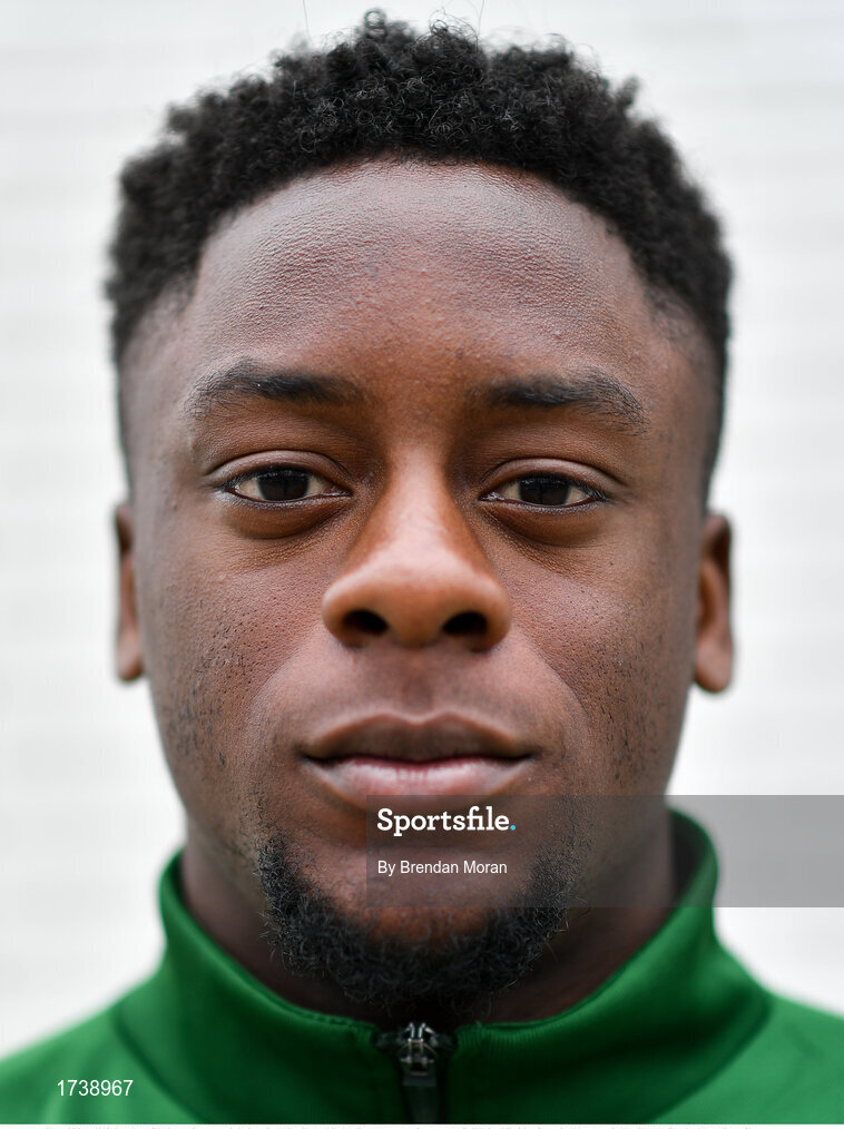 25 June 2019; Jonathan Afolabi poses for a portrait during a Republic of Ireland Under-19 squad press conference at the FAI National Training Centre in Abbotstown, Dublin. Photo by Brendan Moran/Sportsfile