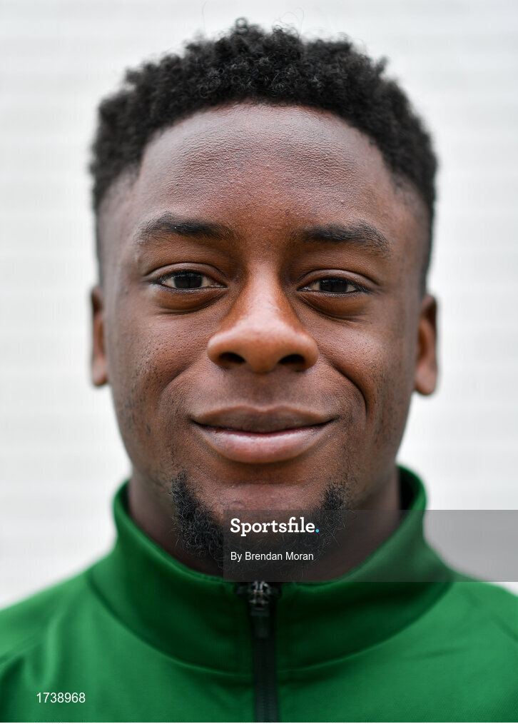 25 June 2019; Jonathan Afolabi poses for a portrait during a Republic of Ireland Under-19 squad press conference at the FAI National Training Centre in Abbotstown, Dublin. Photo by Brendan Moran/Sportsfile