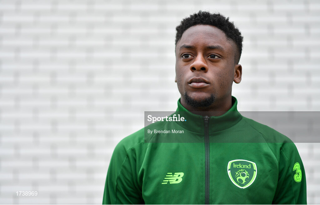 25 June 2019; Jonathan Afolabi poses for a portrait during a Republic of Ireland Under-19 squad press conference at the FAI National Training Centre in Abbotstown, Dublin. Photo by Brendan Moran/Sportsfile