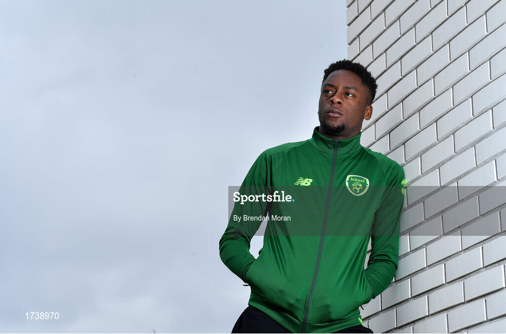 25 June 2019; Jonathan Afolabi poses for a portrait during a Republic of Ireland Under-19 squad press conference at the FAI National Training Centre in Abbotstown, Dublin. Photo by Brendan Moran/Sportsfile