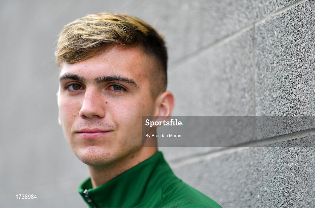 25 June 2019; Oisin McEntee poses for a portrait during a Republic of Ireland Under-19 squad press conference at the FAI National Training Centre in Abbotstown, Dublin. Photo by Brendan Moran/Sportsfile