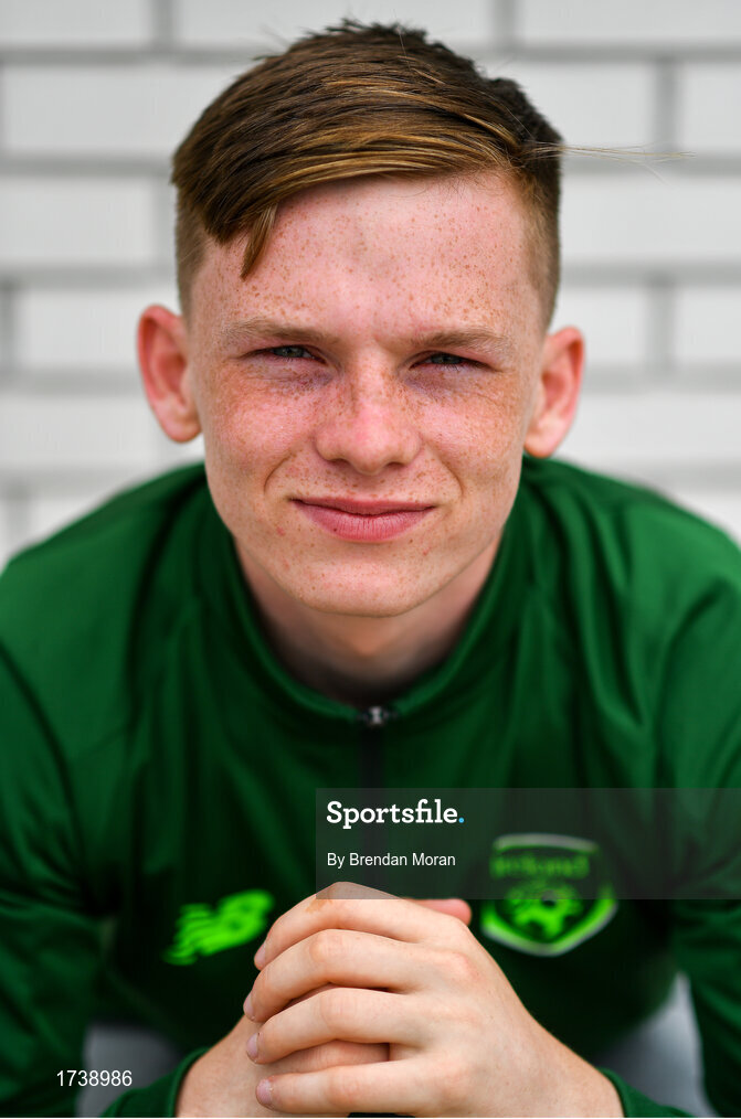 25 June 2019; Andy Lyons poses for a portrait during a Republic of Ireland Under-19 squad press conference at the FAI National Training Centre in Abbotstown, Dublin. Photo by Brendan Moran/Sportsfile