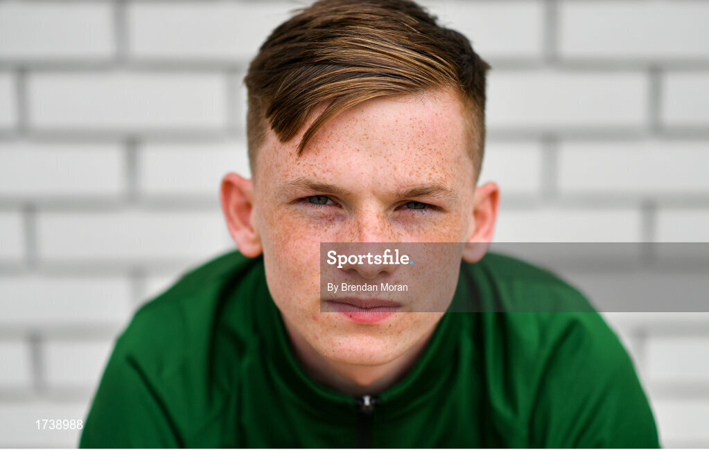 25 June 2019; Andy Lyons poses for a portrait during a Republic of Ireland Under-19 squad press conference at the FAI National Training Centre in Abbotstown, Dublin. Photo by Brendan Moran/Sportsfile