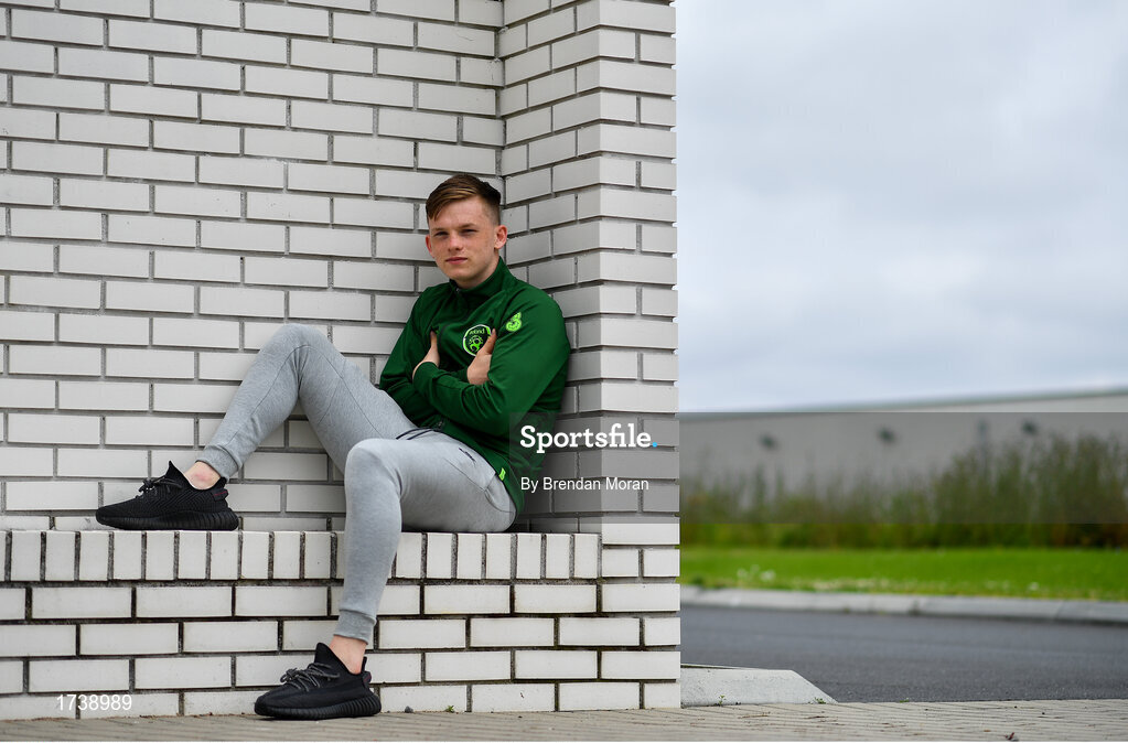 25 June 2019; Andy Lyons poses for a portrait during a Republic of Ireland Under-19 squad press conference at the FAI National Training Centre in Abbotstown, Dublin. Photo by Brendan Moran/Sportsfile