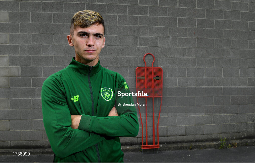 25 June 2019; Oisin McEntee poses for a portrait during a Republic of Ireland Under-19 squad press conference at the FAI National Training Centre in Abbotstown, Dublin. Photo by Brendan Moran/Sportsfile