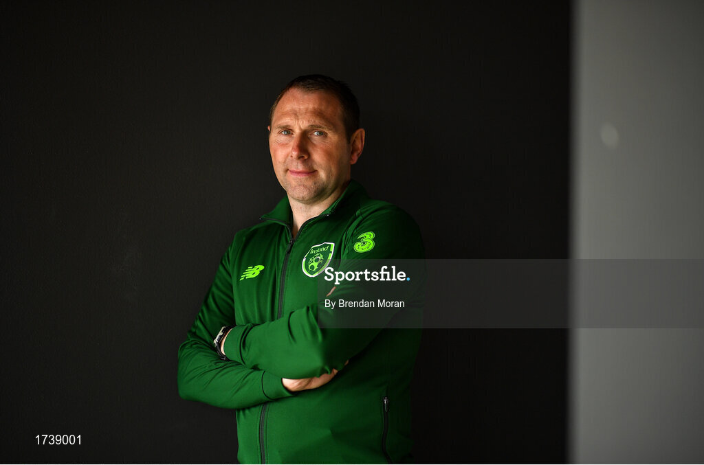 25 June 2019; Manager Tom Mohan poses for a portrait during a Republic of Ireland Under-19 squad press conference at the FAI National Training Centre in Abbotstown, Dublin. Photo by Brendan Moran/Sportsfile