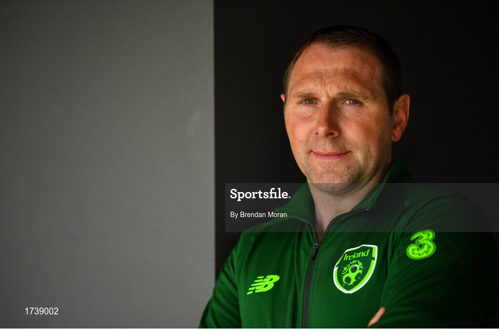 25 June 2019; Manager Tom Mohan poses for a portrait during a Republic of Ireland Under-19 squad press conference at the FAI National Training Centre in Abbotstown, Dublin. Photo by Brendan Moran/Sportsfile