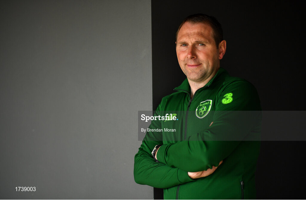 25 June 2019; Manager Tom Mohan poses for a portrait during a Republic of Ireland Under-19 squad press conference at the FAI National Training Centre in Abbotstown, Dublin. Photo by Brendan Moran/Sportsfile