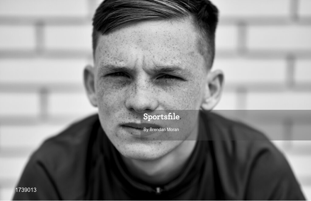25 June 2019; (EDITORS NOTE; Image was converted to black and white) Andy Lyons poses for a portrait during a Republic of Ireland Under-19 squad press conference at the FAI National Training Centre in Abbotstown, Dublin. Photo by Brendan Moran/Sportsfile
