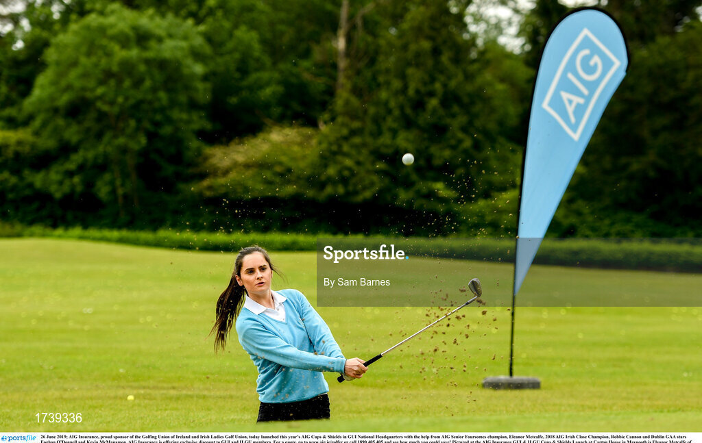 26 June 2019; AIG Insurance, proud sponsor of the Golfing Union of Ireland and Irish Ladies Golf Union, today launched this year’s AIG Cups & Shields in GUI National Headquarters with the help from AIG Senior Foursomes champion, Eleanor Metcalfe, 2018 AIG Irish Close Champion, Robbie Cannon and Dublin GAA stars Eoghan O’Donnell and Kevin McManamon. AIG Insurance is offering exclusive discount to GUI and ILGU members. For a quote, go to www.aig.ie/golfer or call 1890 405 405 and see how much you could save! Pictured at the AIG Insurance GUI & ILGU Cups & Shields Launch at Carton House in Maynooth is Eleanor Metcalfe of Laytown and Bettystown Golf Club. Photo by Sam Barnes/Sportsfile