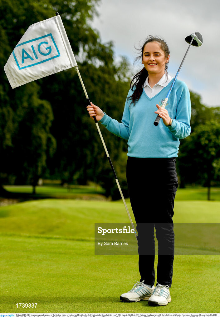 26 June 2019; AIG Insurance, proud sponsor of the Golfing Union of Ireland and Irish Ladies Golf Union, today launched this year’s AIG Cups & Shields in GUI National Headquarters with the help from AIG Senior Foursomes champion, Eleanor Metcalfe, 2018 AIG Irish Close Champion, Robbie Cannon and Dublin GAA stars Eoghan O’Donnell and Kevin McManamon. AIG Insurance is offering exclusive discount to GUI and ILGU members. For a quote, go to www.aig.ie/golfer or call 1890 405 405 and see how much you could save! Pictured at the AIG Insurance GUI & ILGU Cups & Shields Launch at Carton House in Maynooth is Eleanor Metcalfe of Laytown and Bettystown Golf Club. Photo by Sam Barnes/Sportsfile