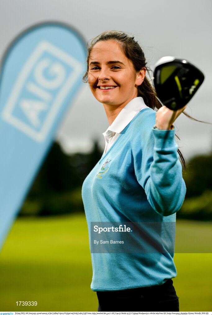 26 June 2019; AIG Insurance, proud sponsor of the Golfing Union of Ireland and Irish Ladies Golf Union, today launched this year’s AIG Cups & Shields in GUI National Headquarters with the help from AIG Senior Foursomes champion, Eleanor Metcalfe, 2018 AIG Irish Close Champion, Robbie Cannon and Dublin GAA stars Eoghan O’Donnell and Kevin McManamon. AIG Insurance is offering exclusive discount to GUI and ILGU members. For a quote, go to www.aig.ie/golfer or call 1890 405 405 and see how much you could save! Pictured at the AIG Insurance GUI & ILGU Cups & Shields Launch at Carton House in Maynooth is Eleanor Metcalfe of Laytown and Bettystown Golf Club. Photo by Sam Barnes/Sportsfile