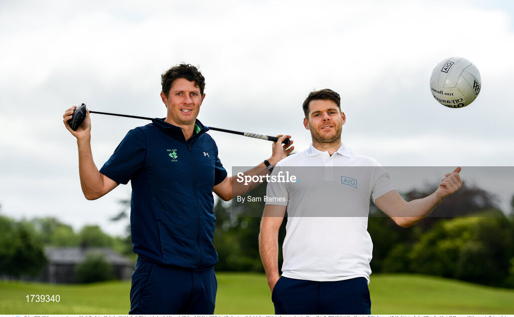 26 June 2019; AIG Insurance, proud sponsor of the Golfing Union of Ireland and Irish Ladies Golf Union, today launched this year’s AIG Cups & Shields in GUI National Headquarters with the help from AIG Senior Foursomes champion, Eleanor Metcalfe, 2018 AIG Irish Close Champion, Robbie Cannon and Dublin GAA stars Eoghan O’Donnell and Kevin McManamon. AIG Insurance is offering exclusive discount to GUI and ILGU members. For a quote, go to www.aig.ie/golfer or call 1890 405 405 and see how much you could save! Pictured at the AIG Insurance GUI & ILGU Cups & Shields Launch at Carton House in Maynooth are Robbie Cannon of Balbriggan Golf Club, left, and Kevin McManamon of Dublin. Photo by Sam Barnes/Sportsfile