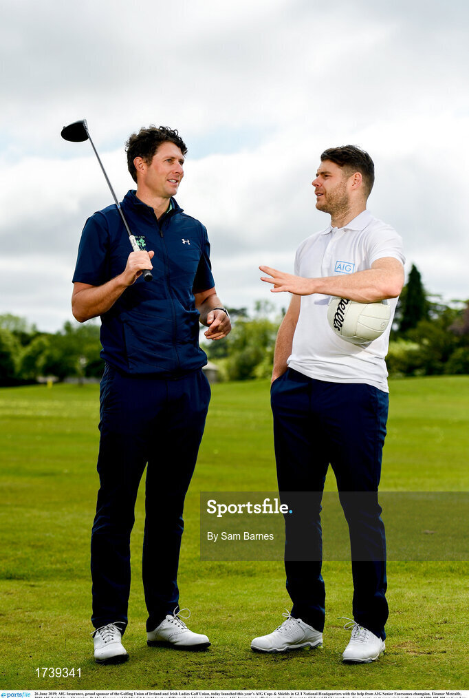 26 June 2019; AIG Insurance, proud sponsor of the Golfing Union of Ireland and Irish Ladies Golf Union, today launched this year’s AIG Cups & Shields in GUI National Headquarters with the help from AIG Senior Foursomes champion, Eleanor Metcalfe, 2018 AIG Irish Close Champion, Robbie Cannon and Dublin GAA stars Eoghan O’Donnell and Kevin McManamon. AIG Insurance is offering exclusive discount to GUI and ILGU members. For a quote, go to www.aig.ie/golfer or call 1890 405 405 and see how much you could save! Pictured at the AIG Insurance GUI & ILGU Cups & Shields Launch at Carton House in Maynooth are Robbie Cannon of Balbriggan Golf Club, left, and Kevin McManamon of Dublin. Photo by Sam Barnes/Sportsfile
