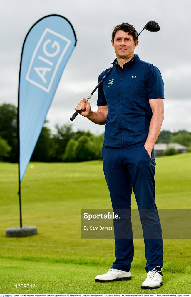 26 June 2019; AIG Insurance, proud sponsor of the Golfing Union of Ireland and Irish Ladies Golf Union, today launched this year’s AIG Cups & Shields in GUI National Headquarters with the help from AIG Senior Foursomes champion, Eleanor Metcalfe, 2018 AIG Irish Close Champion, Robbie Cannon and Dublin GAA stars Eoghan O’Donnell and Kevin McManamon. AIG Insurance is offering exclusive discount to GUI and ILGU members. For a quote, go to www.aig.ie/golfer or call 1890 405 405 and see how much you could save! Pictured at the AIG Insurance GUI & ILGU Cups & Shields Launch at Carton House in Maynooth is Robbie Cannon of Balbriggan Golf Club. Photo by Sam Barnes/Sportsfile