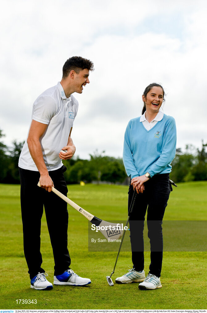 26 June 2019; AIG Insurance, proud sponsor of the Golfing Union of Ireland and Irish Ladies Golf Union, today launched this year’s AIG Cups & Shields in GUI National Headquarters with the help from AIG Senior Foursomes champion, Eleanor Metcalfe, 2018 AIG Irish Close Champion, Robbie Cannon and Dublin GAA stars Eoghan O’Donnell and Kevin McManamon. AIG Insurance is offering exclusive discount to GUI and ILGU members. For a quote, go to www.aig.ie/golfer or call 1890 405 405 and see how much you could save! Pictured at the AIG Insurance GUI & ILGU Cups & Shields Launch at Carton House in Maynooth are Eoghan O’Donnell of Dublin and Eleanor Metcalfe of Laytown and Bettystown Golf Club. Photo by Sam Barnes/Sportsfile