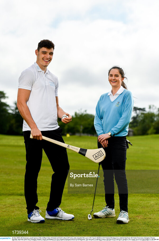 26 June 2019; AIG Insurance, proud sponsor of the Golfing Union of Ireland and Irish Ladies Golf Union, today launched this year’s AIG Cups & Shields in GUI National Headquarters with the help from AIG Senior Foursomes champion, Eleanor Metcalfe, 2018 AIG Irish Close Champion, Robbie Cannon and Dublin GAA stars Eoghan O’Donnell and Kevin McManamon. AIG Insurance is offering exclusive discount to GUI and ILGU members. For a quote, go to www.aig.ie/golfer or call 1890 405 405 and see how much you could save! Pictured at the AIG Insurance GUI & ILGU Cups & Shields Launch at Carton House in Maynooth are Eoghan O’Donnell of Dublin and Eleanor Metcalfe of Laytown and Bettystown Golf Club. Photo by Sam Barnes/Sportsfile