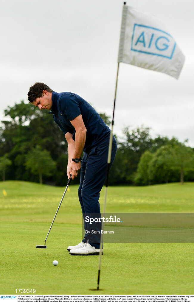 26 June 2019; AIG Insurance, proud sponsor of the Golfing Union of Ireland and Irish Ladies Golf Union, today launched this year’s AIG Cups & Shields in GUI National Headquarters with the help from AIG Senior Foursomes champion, Eleanor Metcalfe, 2018 AIG Irish Close Champion, Robbie Cannon and Dublin GAA stars Eoghan O’Donnell and Kevin McManamon. AIG Insurance is offering exclusive discount to GUI and ILGU members. For a quote, go to www.aig.ie/golfer or call 1890 405 405 and see how much you could save! Pictured at the AIG Insurance GUI & ILGU Cups & Shields Launch at Carton House in Maynooth is Robbie Cannon of Balbriggan Golf Club. Photo by Sam Barnes/Sportsfile
