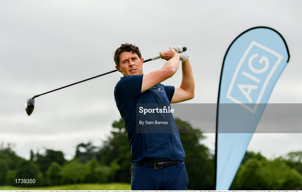 26 June 2019; AIG Insurance, proud sponsor of the Golfing Union of Ireland and Irish Ladies Golf Union, today launched this year’s AIG Cups & Shields in GUI National Headquarters with the help from AIG Senior Foursomes champion, Eleanor Metcalfe, 2018 AIG Irish Close Champion, Robbie Cannon and Dublin GAA stars Eoghan O’Donnell and Kevin McManamon. AIG Insurance is offering exclusive discount to GUI and ILGU members. For a quote, go to www.aig.ie/golfer or call 1890 405 405 and see how much you could save! Pictured at the AIG Insurance GUI & ILGU Cups & Shields Launch at Carton House in Maynooth is Robbie Cannon of Balbriggan Golf Club. Photo by Sam Barnes/Sportsfile