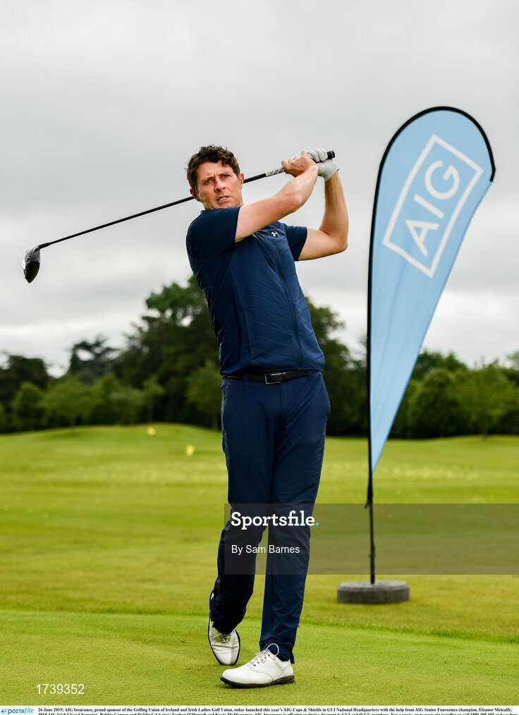 26 June 2019; AIG Insurance, proud sponsor of the Golfing Union of Ireland and Irish Ladies Golf Union, today launched this year’s AIG Cups & Shields in GUI National Headquarters with the help from AIG Senior Foursomes champion, Eleanor Metcalfe, 2018 AIG Irish Close Champion, Robbie Cannon and Dublin GAA stars Eoghan O’Donnell and Kevin McManamon. AIG Insurance is offering exclusive discount to GUI and ILGU members. For a quote, go to www.aig.ie/golfer or call 1890 405 405 and see how much you could save! Pictured at the AIG Insurance GUI & ILGU Cups & Shields Launch at Carton House in Maynooth is Robbie Cannon of Balbriggan Golf Club. Photo by Sam Barnes/Sportsfile