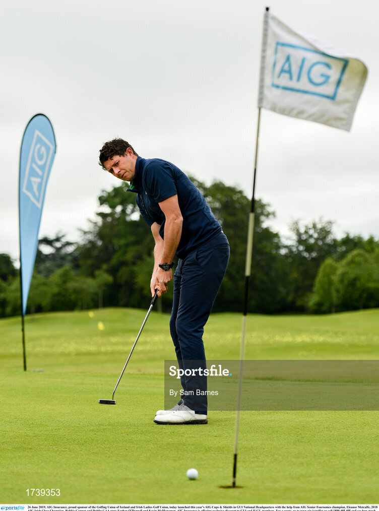 26 June 2019; AIG Insurance, proud sponsor of the Golfing Union of Ireland and Irish Ladies Golf Union, today launched this year’s AIG Cups & Shields in GUI National Headquarters with the help from AIG Senior Foursomes champion, Eleanor Metcalfe, 2018 AIG Irish Close Champion, Robbie Cannon and Dublin GAA stars Eoghan O’Donnell and Kevin McManamon. AIG Insurance is offering exclusive discount to GUI and ILGU members. For a quote, go to www.aig.ie/golfer or call 1890 405 405 and see how much you could save! Pictured at the AIG Insurance GUI & ILGU Cups & Shields Launch at Carton House in Maynooth is Robbie Cannon of Balbriggan Golf Club. Photo by Sam Barnes/Sportsfile