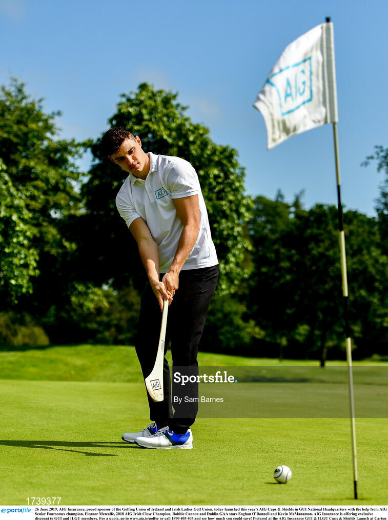 26 June 2019; AIG Insurance, proud sponsor of the Golfing Union of Ireland and Irish Ladies Golf Union, today launched this year’s AIG Cups & Shields in GUI National Headquarters with the help from AIG Senior Foursomes champion, Eleanor Metcalfe, 2018 AIG Irish Close Champion, Robbie Cannon and Dublin GAA stars Eoghan O’Donnell and Kevin McManamon. AIG Insurance is offering exclusive discount to GUI and ILGU members. For a quote, go to www.aig.ie/golfer or call 1890 405 405 and see how much you could save! Pictured at the AIG Insurance GUI & ILGU Cups & Shields Launch at Carton House in Maynooth is Eoghan O’Donnell of Dublin. Photo by Sam Barnes/Sportsfile