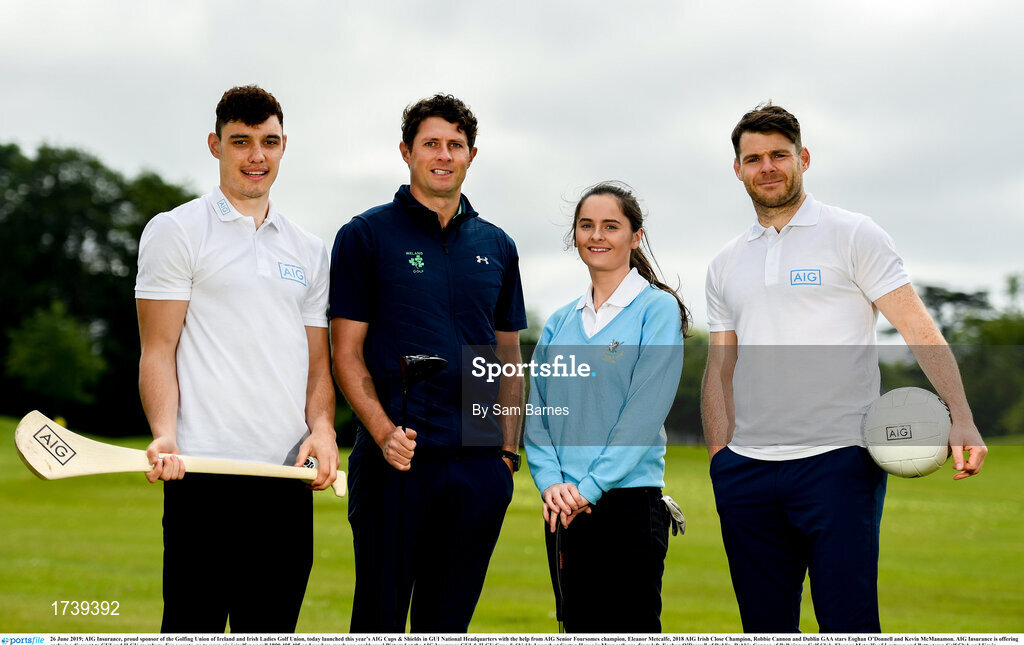26 June 2019; AIG Insurance, proud sponsor of the Golfing Union of Ireland and Irish Ladies Golf Union, today launched this year’s AIG Cups & Shields in GUI National Headquarters with the help from AIG Senior Foursomes champion, Eleanor Metcalfe, 2018 AIG Irish Close Champion, Robbie Cannon and Dublin GAA stars Eoghan O’Donnell and Kevin McManamon. AIG Insurance is offering exclusive discount to GUI and ILGU members. For a quote, go to www.aig.ie/golfer or call 1890 405 405 and see how much you could save! Pictured at the AIG Insurance GUI & ILGU Cups & Shields Launch at Carton House in Maynooth are, from left, Eoghan O’Donnell of Dublin, Robbie Cannon of Balbriggan Golf Club, Eleanor Metcalfe of Laytown and Bettystown Golf Club and Kevin McManamon of Dublin. Photo by Sam Barnes/Sportsfile