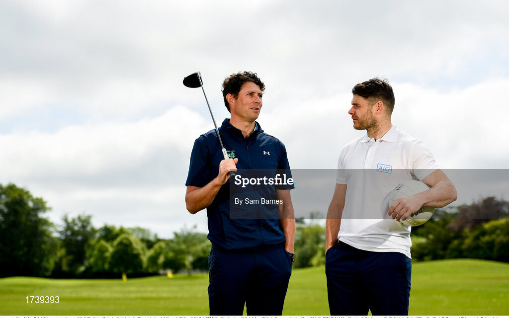 26 June 2019; AIG Insurance, proud sponsor of the Golfing Union of Ireland and Irish Ladies Golf Union, today launched this year’s AIG Cups & Shields in GUI National Headquarters with the help from AIG Senior Foursomes champion, Eleanor Metcalfe, 2018 AIG Irish Close Champion, Robbie Cannon and Dublin GAA stars Eoghan O’Donnell and Kevin McManamon. AIG Insurance is offering exclusive discount to GUI and ILGU members. For a quote, go to www.aig.ie/golfer or call 1890 405 405 and see how much you could save! Pictured at the AIG Insurance GUI & ILGU Cups & Shields Launch at Carton House in Maynooth are Robbie Cannon of Balbriggan Golf Club, left, and Kevin McManamon of Dublin. Photo by Sam Barnes/Sportsfile