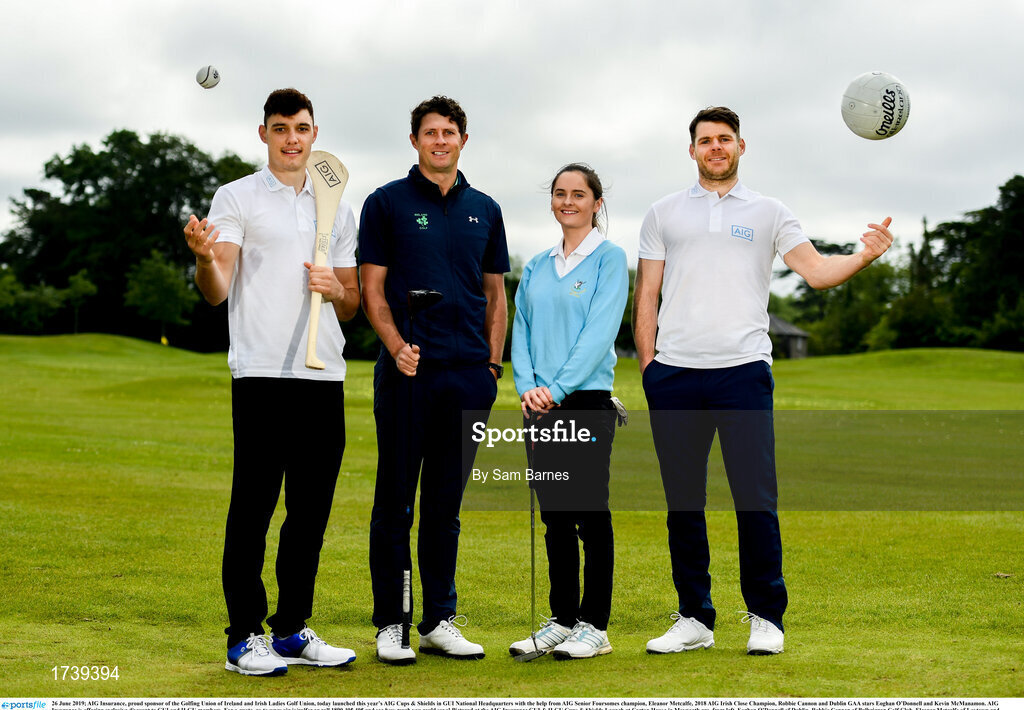 26 June 2019; AIG Insurance, proud sponsor of the Golfing Union of Ireland and Irish Ladies Golf Union, today launched this year’s AIG Cups & Shields in GUI National Headquarters with the help from AIG Senior Foursomes champion, Eleanor Metcalfe, 2018 AIG Irish Close Champion, Robbie Cannon and Dublin GAA stars Eoghan O’Donnell and Kevin McManamon. AIG Insurance is offering exclusive discount to GUI and ILGU members. For a quote, go to www.aig.ie/golfer or call 1890 405 405 and see how much you could save! Pictured at the AIG Insurance GUI & ILGU Cups & Shields Launch at Carton House in Maynooth are, from left, Eoghan O’Donnell of Dublin, Robbie Cannon of Balbriggan Golf Club, Eleanor Metcalfe of Laytown and Bettystown Golf Club and Kevin McManamon of Dublin. Photo by Sam Barnes/Sportsfile