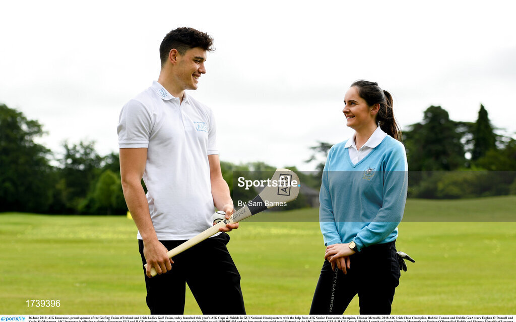 26 June 2019; AIG Insurance, proud sponsor of the Golfing Union of Ireland and Irish Ladies Golf Union, today launched this year’s AIG Cups & Shields in GUI National Headquarters with the help from AIG Senior Foursomes champion, Eleanor Metcalfe, 2018 AIG Irish Close Champion, Robbie Cannon and Dublin GAA stars Eoghan O’Donnell and Kevin McManamon. AIG Insurance is offering exclusive discount to GUI and ILGU members. For a quote, go to www.aig.ie/golfer or call 1890 405 405 and see how much you could save! Pictured at the AIG Insurance GUI & ILGU Cups & Shields Launch at Carton House in Maynooth are Eoghan O’Donnell of Dublin and Eleanor Metcalfe of Laytown and Bettystown Golf Club. Photo by Sam Barnes/Sportsfile