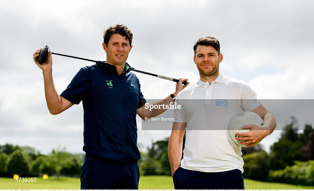 26 June 2019; AIG Insurance, proud sponsor of the Golfing Union of Ireland and Irish Ladies Golf Union, today launched this year’s AIG Cups & Shields in GUI National Headquarters with the help from AIG Senior Foursomes champion, Eleanor Metcalfe, 2018 AIG Irish Close Champion, Robbie Cannon and Dublin GAA stars Eoghan O’Donnell and Kevin McManamon. AIG Insurance is offering exclusive discount to GUI and ILGU members. For a quote, go to www.aig.ie/golfer or call 1890 405 405 and see how much you could save! Pictured at the AIG Insurance GUI & ILGU Cups & Shields Launch at Carton House in Maynooth are Robbie Cannon of Balbriggan Golf Club, left, and Kevin McManamon of Dublin. Photo by Sam Barnes/Sportsfile