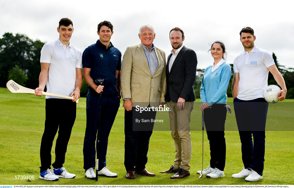 26 June 2019; AIG Insurance, proud sponsor of the Golfing Union of Ireland and Irish Ladies Golf Union, today launched this year’s AIG Cups & Shields in GUI National Headquarters with the help from AIG Senior Foursomes champion, Eleanor Metcalfe, 2018 AIG Irish Close Champion, Robbie Cannon and Dublin GAA stars Eoghan O’Donnell and Kevin McManamon. AIG Insurance is offering exclusive discount to GUI and ILGU members. For a quote, go to www.aig.ie/golfer or call 1890 405 405 and see how much you could save! Pictured at the AIG Insurance GUI & ILGU Cups & Shields Launch at Carton House in Maynooth are, from left, Eoghan O’Donnell of Dublin, Robbie Cannon of Balbriggan Golf Club, Brendan McKenna, AIG, John Gillick, Head of Consumer Marketing and Sponsorship, AIG, Eleanor Metcalfe of Laytown and Bettystown Golf Club and Kevin McManamon of Dublin. Photo by Sam Barnes/Sportsfile