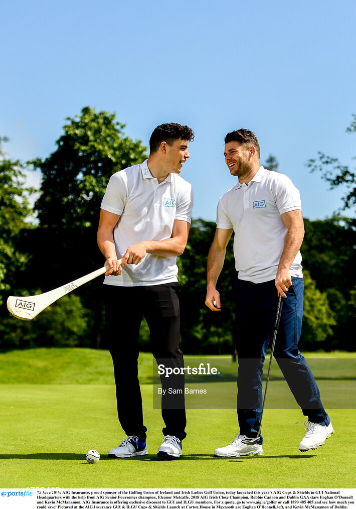 26 June 2019; AIG Insurance, proud sponsor of the Golfing Union of Ireland and Irish Ladies Golf Union, today launched this year’s AIG Cups & Shields in GUI National Headquarters with the help from AIG Senior Foursomes champion, Eleanor Metcalfe, 2018 AIG Irish Close Champion, Robbie Cannon and Dublin GAA stars Eoghan O’Donnell and Kevin McManamon. AIG Insurance is offering exclusive discount to GUI and ILGU members. For a quote, go to www.aig.ie/golfer or call 1890 405 405 and see how much you could save! Pictured at the AIG Insurance GUI & ILGU Cups & Shields Launch at Carton House in Maynooth are Eoghan O’Donnell, left, and Kevin McManamon of Dublin. Photo by Sam Barnes/Sportsfile