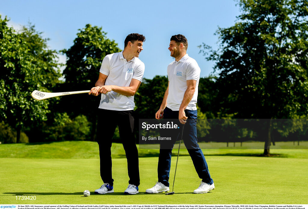 26 June 2019; AIG Insurance, proud sponsor of the Golfing Union of Ireland and Irish Ladies Golf Union, today launched this year’s AIG Cups & Shields in GUI National Headquarters with the help from AIG Senior Foursomes champion, Eleanor Metcalfe, 2018 AIG Irish Close Champion, Robbie Cannon and Dublin GAA stars Eoghan O’Donnell and Kevin McManamon. AIG Insurance is offering exclusive discount to GUI and ILGU members. For a quote, go to www.aig.ie/golfer or call 1890 405 405 and see how much you could save! Pictured at the AIG Insurance GUI & ILGU Cups & Shields Launch at Carton House in Maynooth are Eoghan O’Donnell, left, and Kevin McManamon of Dublin. Photo by Sam Barnes/Sportsfile